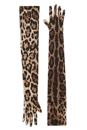 Dolce & Gabbana Lange Handschuhe aus Stretch-Satin mit Leopardenprint