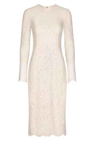 Dolce & Gabbana Damen Midikleider - Langärmeliges Kleid aus Stretch-Spitze mit Branding