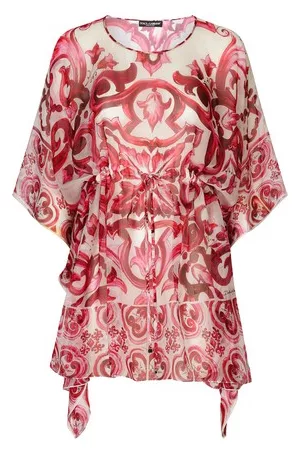 Dolce & Gabbana Damen Bedruckte Kleider - Kurzer Kaftan aus Chiffon mit Majolika-Print
