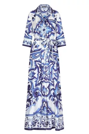 Dolce & Gabbana Damen Freizeitkleider - Langes Hemdblusenkleid aus Twill mit Majolika-Print