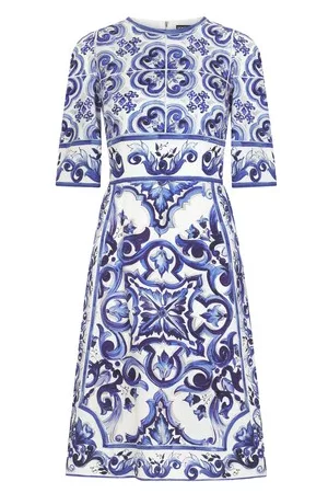 Dolce & Gabbana Damen Bedruckte Kleider - Midikleid aus Charmeuse mit Majolika-Print