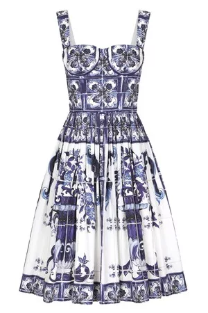 Dolce & Gabbana Damen Bedruckte Kleider - Midi-Bustierkleid aus Popeline mit Majolika-Print