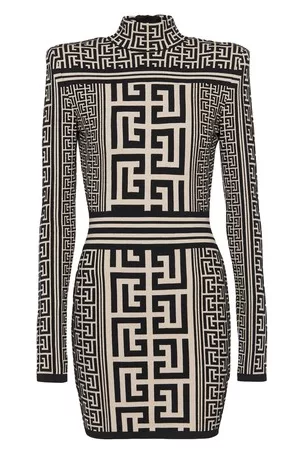 Balmain Damen Strickkleider - Kleid mit Stehkragen aus Monogramm-Strick