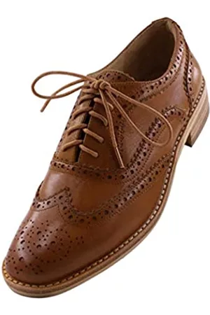 JARO VEGA Damen Schnürschuhe - Leder Oxford Schuhe für Frauen Perforiert 1950er Stil Brogue Wingtip Derby Schnürschuhe Oxfords Flats, braun, 37.5 EU