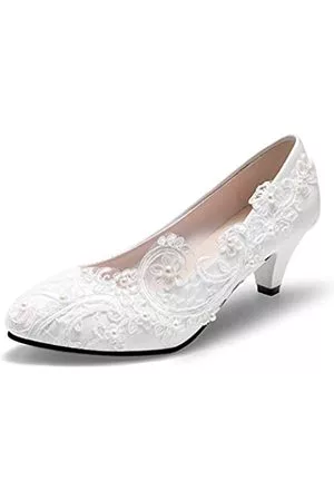 Dressfirst Bridal Wedding Shoes Closed Toe Dress Pumps Stiletto Heel with Stitching Lace?2.2?, White