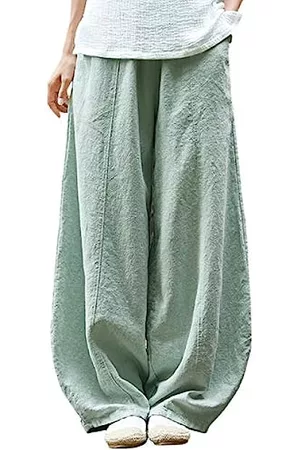IXIMO Damen Weite Hosen - Damen Casual Baumwolle Leinen Baggy Pants mit elastischer Taille Relax Fit Laterne Hose - Grün - XX-Large