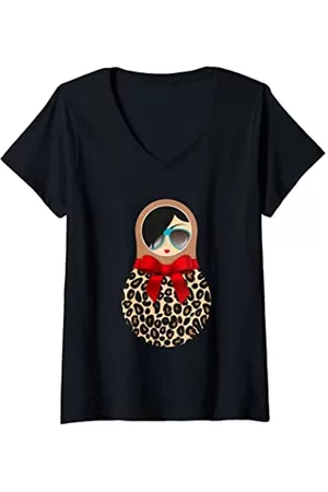 MATROSCHKA BANDE Damen Animal Print Kleidung - Damen Matroschka Sweta / rote Schleife / Animal-Print / Leo-Muster T-Shirt mit V-Ausschnitt