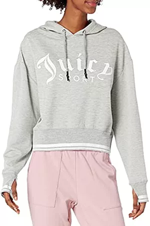 Juicy Couture Damen Sweatshirts - Damen Cropped Logo Pullover Hoodie Kapuzenpullover, Hellgrau (Light Grey Heather), X-Large