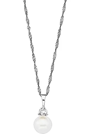 Amor Damen Halsketten - Kette mit Anhänger 925 Sterling Silber Damen Halsschmuck, mit Zirkonia synth, mit Süßwasserzuchtperle, 45 cm, Silber, Kommt in Schmuck Geschenk Box, 2016276