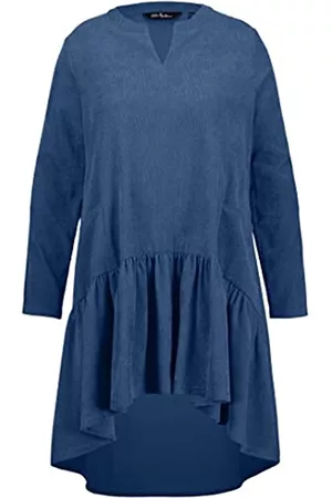Ulla Popken Damen Freizeitkleider - Damen Corduroy Dress With Valance Kleid, Blue Denim, 50-52 Große Größen EU