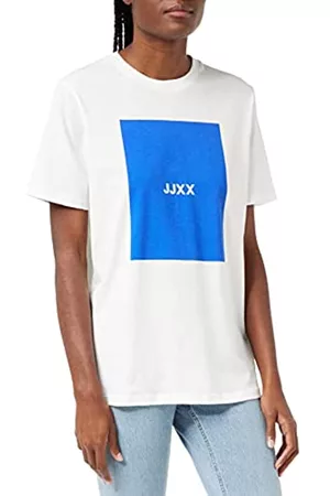 JACK & JONES Damen Bedruckte T-Shirts - JJXX Women's JXAMBER SS Relaxed Tee NOOS T-Shirt, Bright White/Print:Blue LOLITE Square, L