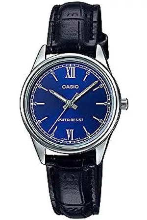 Casio Damen Uhren mit Lederarmband - LTP-V005L-2B Damen-Armbanduhr, analog, schwarzes Lederband, blaues Zifferblatt