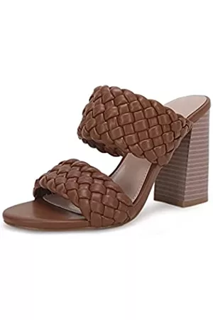 Coziavenue Damen Geflochtene Elegant Sommer Sandalen Chunky Blockabsatz Pantoletten Offene Zehen Casual Slides, Braun, 41 EU
