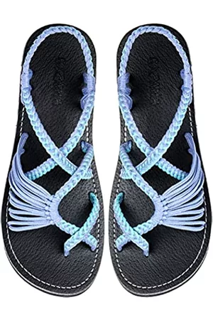 Capana Handgewebte Damen Flache Sandalen - Riemchensandalen für Damen, Boho Sandalen, Walking Sandalen Damen, Seilsandalen, Strandsandalen für Damen, Wassersandalen, Geflochtene flache Sandalen für Damen - Banyan, Lavendel, Türkis, 40.5 EU