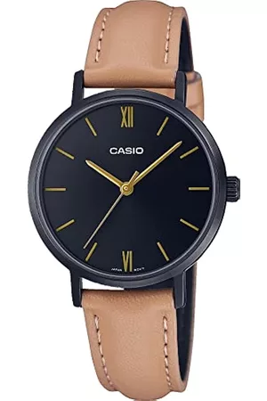 Casio Damen Uhren mit Lederarmband - LTP-VT02BL-1A Minimalistische Damen-Armbanduhr mit schwarzem IP-Zifferblatt, Lederarmband, 3 Zeiger, analog, Schwarz