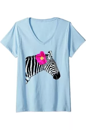 Tiere und Wildnis Designs von Christine Krahl Damen Animal Print Kleidung - Damen Trendy Zebra mit Blume Hipster Animal Print Sommer Design T-Shirt mit V-Ausschnitt