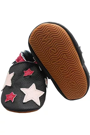 Mejale Damen Schuhe mit Sternen - Baby Hausschuhe Weicher Leder Krabbelschuhe mit Gummisohle Halt Anti-Rutsch-Jungen-Mädchen-Schuhe für Kleinkinder Karikatur Sterne(Schwarz, 18-24 Monate, XL)