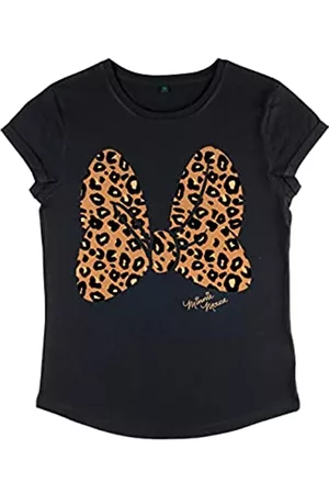 Disney Damen Shirts - Damen Mickey Classic - Animal Print Bow Women's Organic Rolled Sleeve T-shirt T Shirt, Schwarz, XL EU