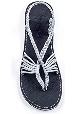 PLAKA Damen Elegante Sandalen - Seashell Flache Riemchensandalen für Damen | Boho Sandalen für Damen | Seilsandalen für Strandspaziergang, Pool und elegante Anlässe, Urban Gray, 38 EU