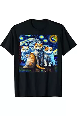 Caterpillar Damen Shirts - Katzen-T-Shirt, Sternennachtkatze, Damen-Katzenhemd, Van Gogh Cat T-Shirt