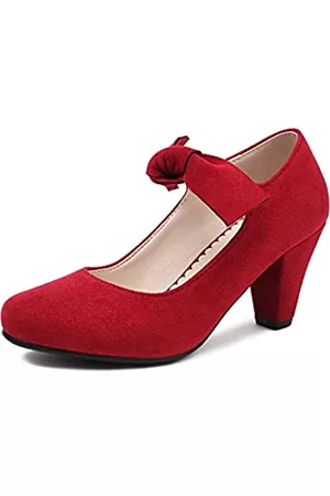 Elerhythm Damen Pumps mit Schleife - Damen Schleife Mary Jane Schleife Retro Heels 1950er Vintage Faux Wildleder Geschlossene Runde Zehen Pumps 1920er Gatsby Büro Bequeme Fliege Elegante Schuhe, Rotes Wildleder, 42.5 EU