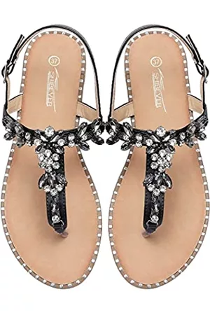 SHIBEVER Damen Elegante Sandalen - Damen-Sandalen, Strass, Gladiator, flache Sandalen, funkelnd, Hochzeit, elegante Sandalen, Tanga, Outdoor-Schuhe, 79 Schwarz, 35.5 EU