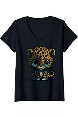 DK1 Designs Beautiful & Pretty little Baby Animals Damen Shirts - Damen Süßer Babyleopard Leoparden Kind - Leopard Safari Savanne T-Shirt mit V-Ausschnitt