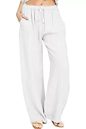 utcoco Damen Weite Hosen - Damen Baumwolle Leinen Kordelzug Hohe Taille Wide Leg Palazzo Hose, Weiß, Groß