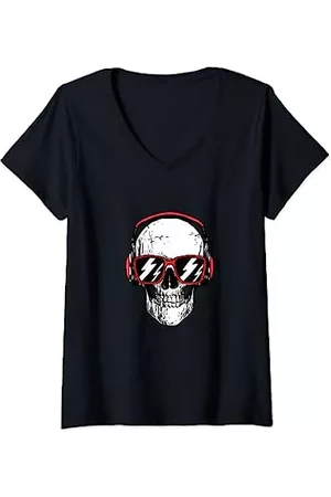 Hip Damen Shirts - Damen Totenkopf Schädel Print mit Kopfhörer Brille Geschenk T-Shirt mit V-Ausschnitt