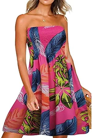 Zyyfly Damen Sommerkleider - Damen Sommer Strandkleider Trägerlos Cover Ups Kleid Tube Top Sommerkleider, Tropischer Druck, Hot Pink, Mittel
