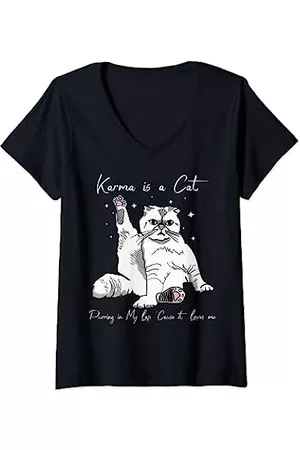 Caterpillar Damen Shirts - Damen Karma ist eine Katze, die auf meinem Schoß schnurrt, weil sie mich liebt Katzenliebhaber T-Shirt mit V-Ausschnitt