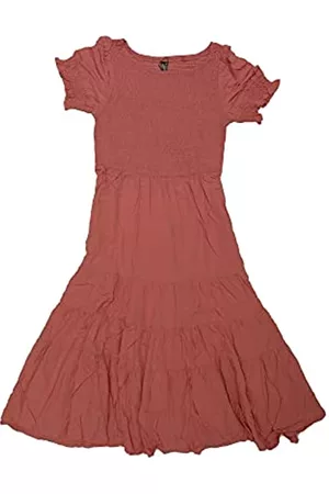 Allegra K Damen Midi Sommerkleider - Peasant Smocked Kleid für Damen Kurzarm Midi Sommer Casual Gestuftes A-Linie Kleid, Pink, Klein