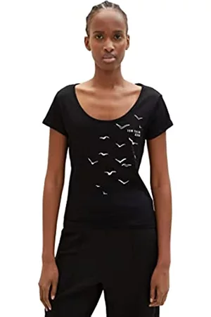TOM TAILOR Damen Bedruckte T-Shirts - Damen 1038350 T-Shirt mit Print, 14482-Deep Black, M