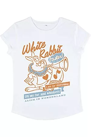 Disney Damen Shirts - Damen Alice in Wonderland White Rabbit Women's Organic Rolled Sleeve T-shirt, Weiß, XL