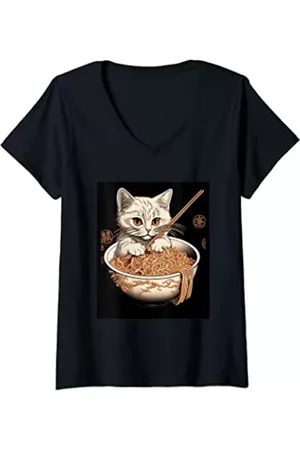 Caterpillar Damen Shirts - Damen Ramen Kawaii Katzen-Shirts – lustige Katzen-Shirts für Katzen, Vater/Mama T-Shirt mit V-Ausschnitt
