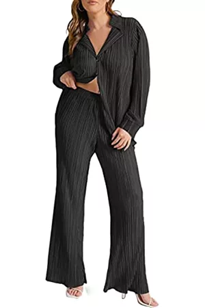 KOLAOYEP Damen Anzüge - 2-teiliges Outfit für Damen, weites Bein, Hosen-Set, lässig, langärmelig, Button-Down-Shirt, solide Streetwear-Anzüge, #0 Schwarz - Neu, Mittel