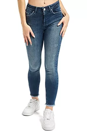 ONLY Damen Cropped Jeans - Damen Onlblush Life Mid Sk Ank Raw Rea811 Noos Jeans, Dark Blue Denim, M / 32L EU