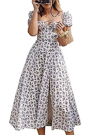 Estink Damen Freizeitkleider - Damen Maxikleid mit Blumendruck, Sommer-Puffärmelkleid, sexy Brustgurt, geteilter Saum, breiter Kragen, A-Linie, langes Kleid für Party, Typ 2, X-Groß