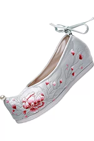 USHOBE Damen Vintage Schuhe - Stickerei Schuhe Chinesische Frauen Hanfu Schuhe Blume Bestickt Flache Schuhe Vintage Stickerei Schuhe, Hell, blau, 38.5 EU