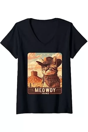 Caterpillar Damen Shirts - Damen Meowdy! Lustiges Country-Musikposter Katze Cowboyhut Lustig T-Shirt mit V-Ausschnitt