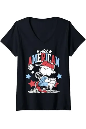 Peanuts Damen - Linus All American Baseball 4. Juli T-Shirt mit V-Ausschnitt