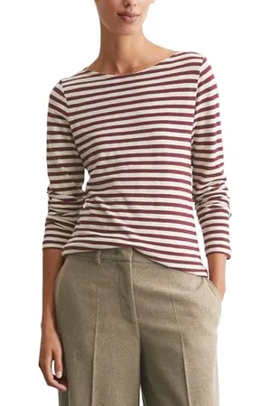 Marc O’ Polo Marc OߴPolo Damen Langarmshirt aus Bio-Baumwolle mit U-Boot-Ausschnitt, Mehrfarbig (Multi/Deep Ruby), XS