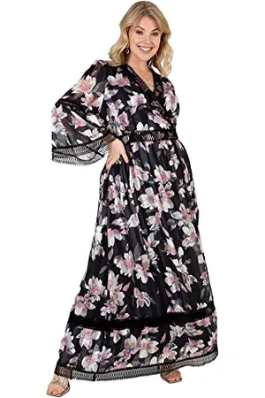 Lovedrobe Damen Womens Ladies Summer Dress Plus Size Curve Floral Pattern Lace Detail Maxi Ankle Length V Neckline Tiered 3/4 Sleeve Kleid, Pink, 48
