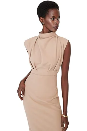 Trendyol Damen Gerade Midi-ärmel Tag Nacht Schlank Kleid Dress, Kamel, 38