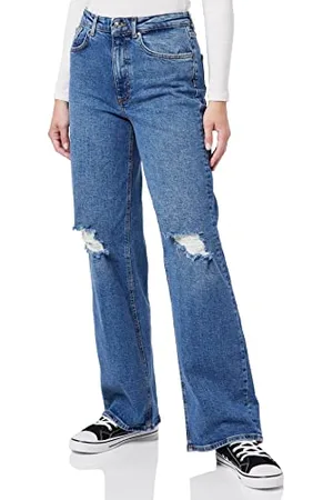 ONLY Damen Straight Leg Denim Jeans | High Waist Gerade Weite Schlag Hose | Wide Destroyed Pants ONLJUICY, Farben:Blau, Größe:26W / 32L, Z-Länge:L32