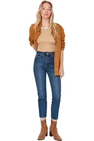 Trendyol Damen Herren Hoher Bund Mom Jeans, Dunkelblau, 34 EU