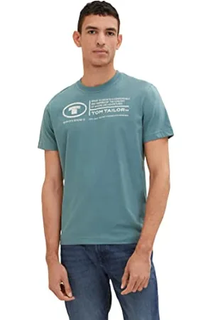TOM TAILOR Herren Basic T-Shirt mit Print aus Baumwolle, deep bluish green, XXL