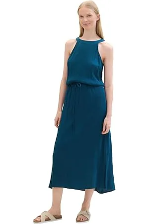TOM TAILOR Damen Maxikleid mit American Neckline , Moss Blue, 44