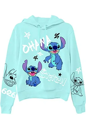 Disney Ladies Lilo and Stitch Sweatshirt - Ladies Classic Lilo and Stitch Hoodie with Sleeve Print (Light Blue Hoodie, Large)