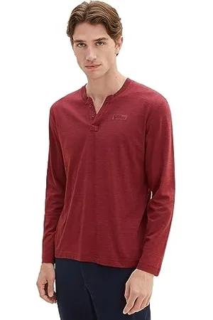 TOM TAILOR Herren 1037745 Serafino Longsleeve mit kleinem Logo Print, 32449-bordeaux red Stripy Inject, L